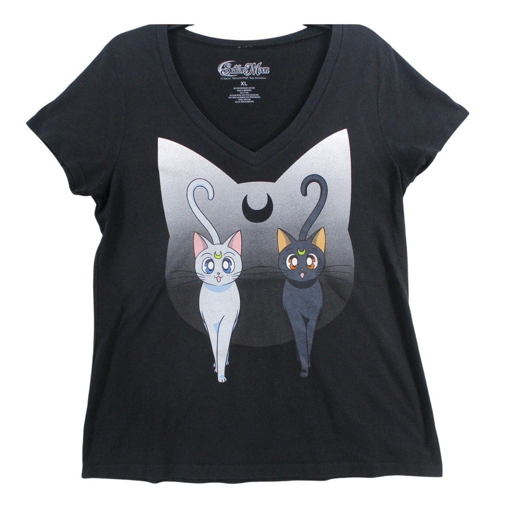 Sailor Moon Artemis Luna Graphic V-Neck T-Shirt Black XL Anime Manga Cat Tee